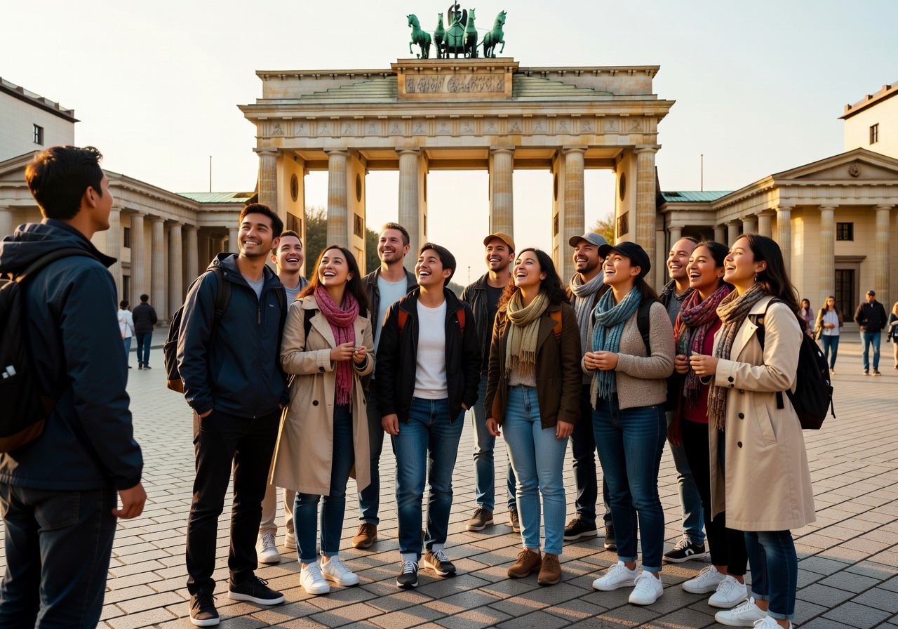 Group of tourists enjoying a free walking tour near the Brandenburg Gate in Berlin