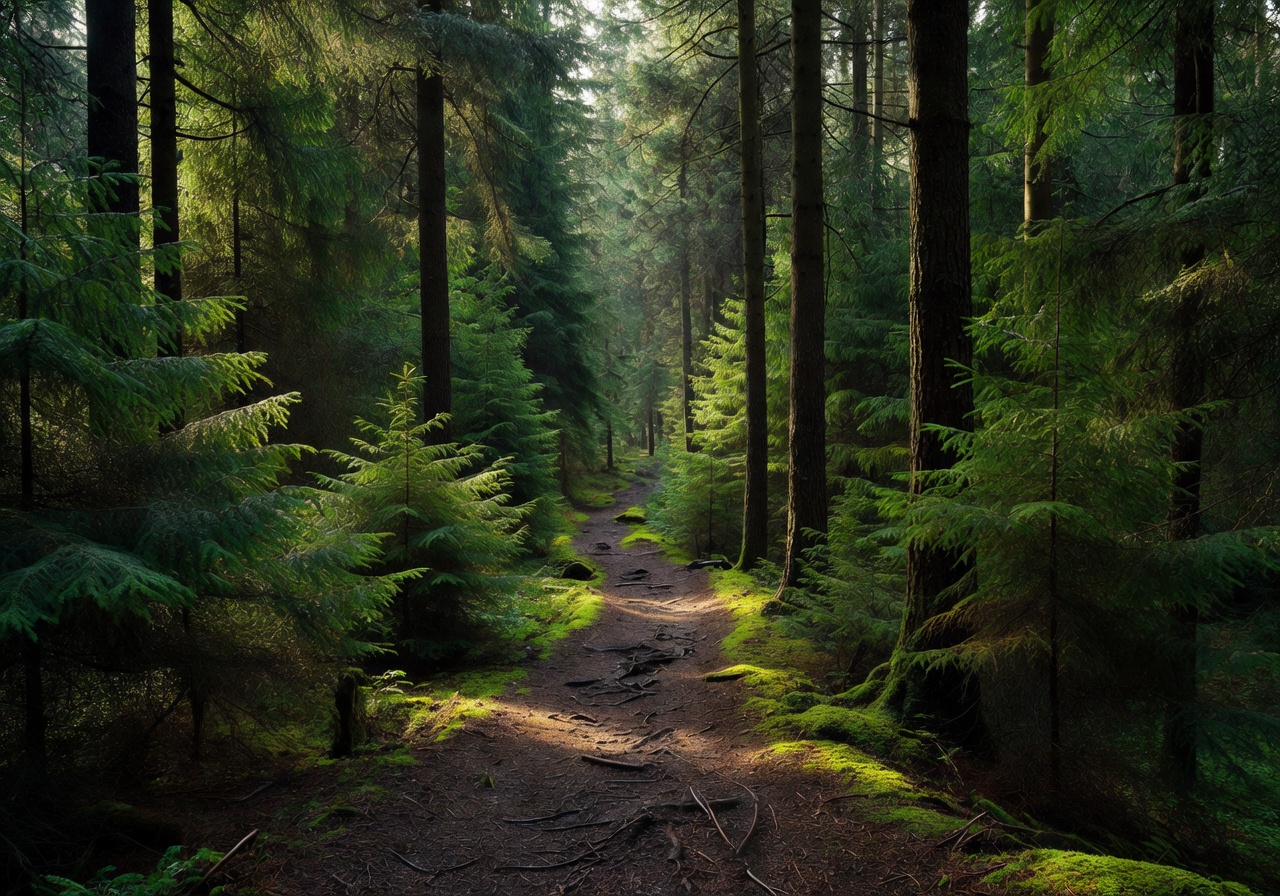 Lush green pine trees on a hiking trail in the Black Forest