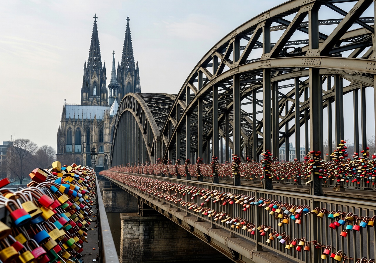 Hohenzollern bridge covered in love locks with Cologne Cathedral in background