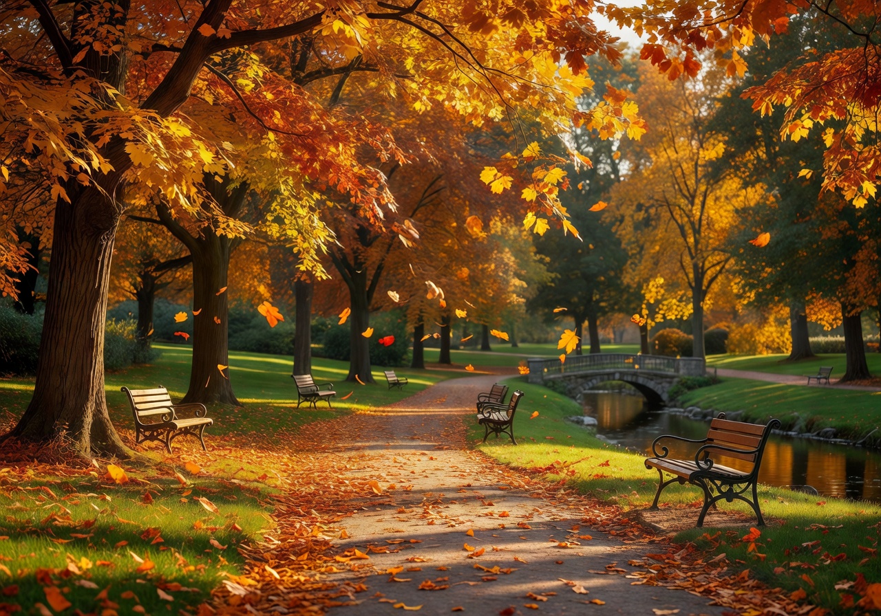 Golden autumn leaves falling in a peaceful German park