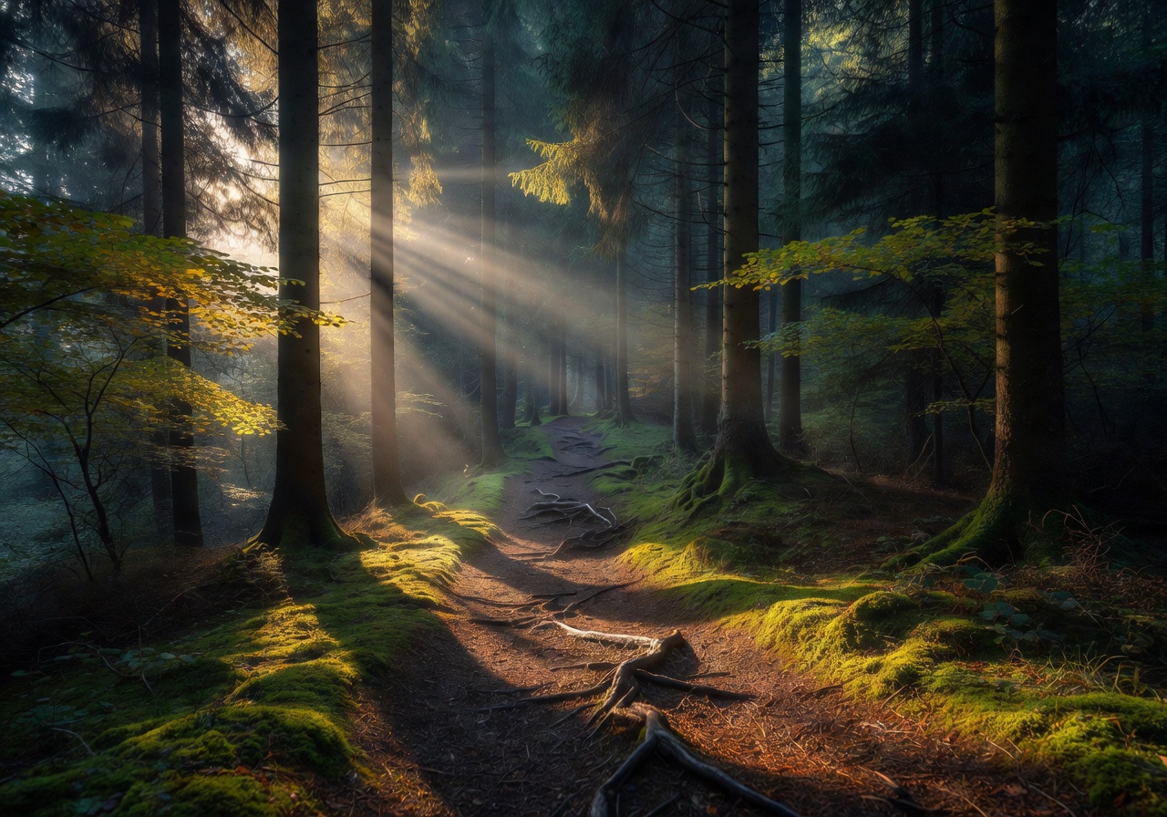 Sunlight peaking through deep forest trails in Germany