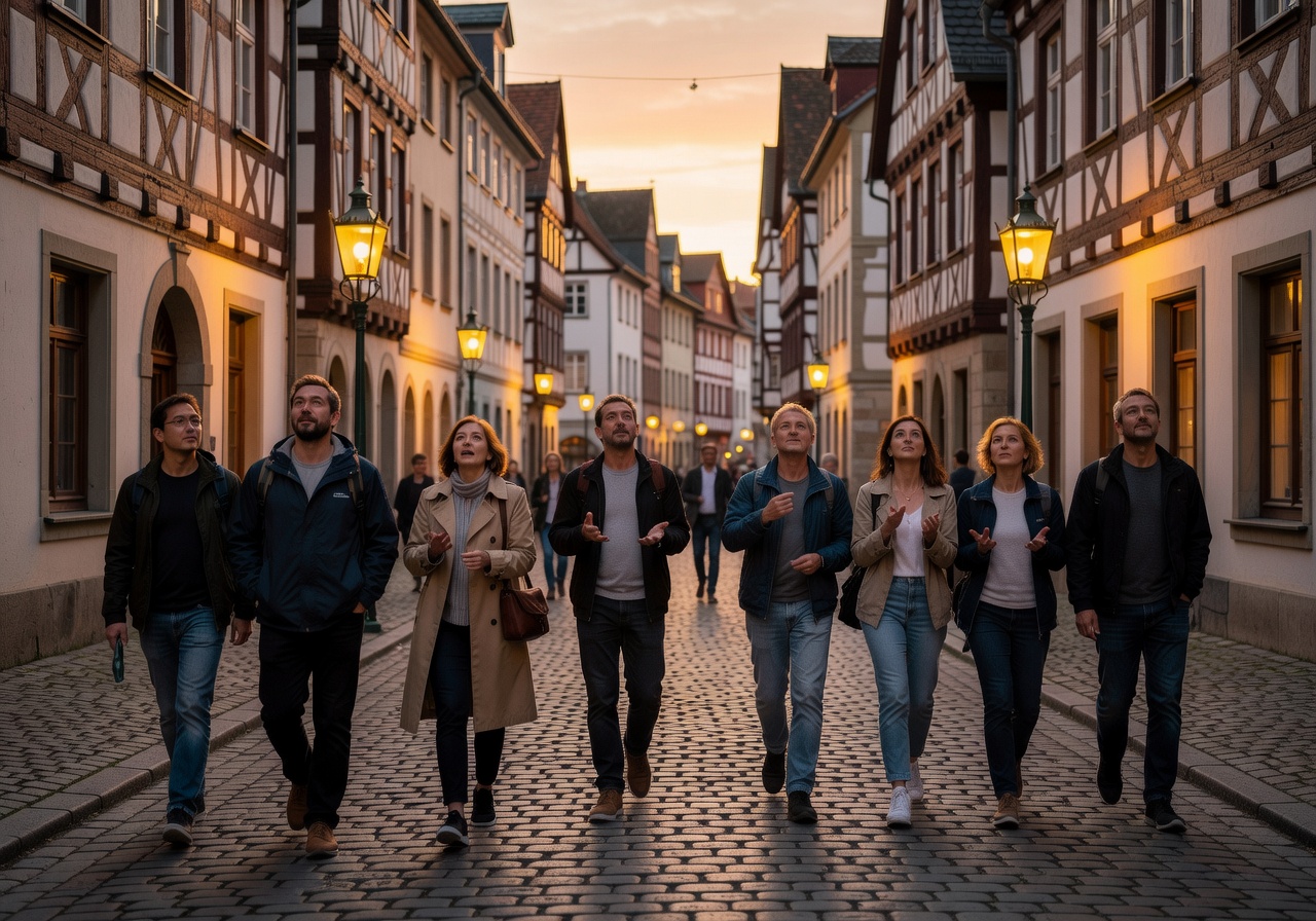 Tourists safely walking down a brightly lit German street at dusk