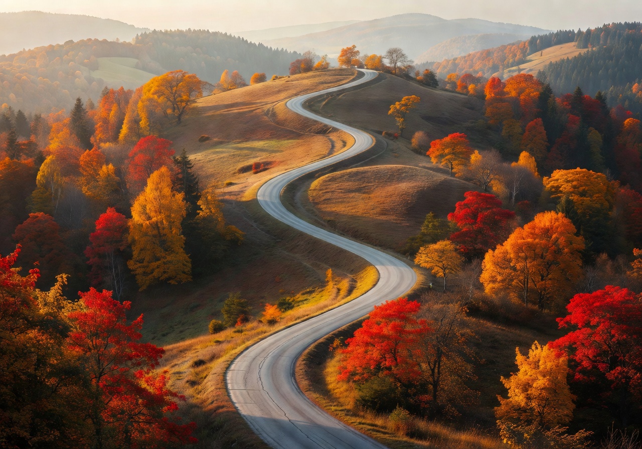 A scenic road winding through autumn colored hills