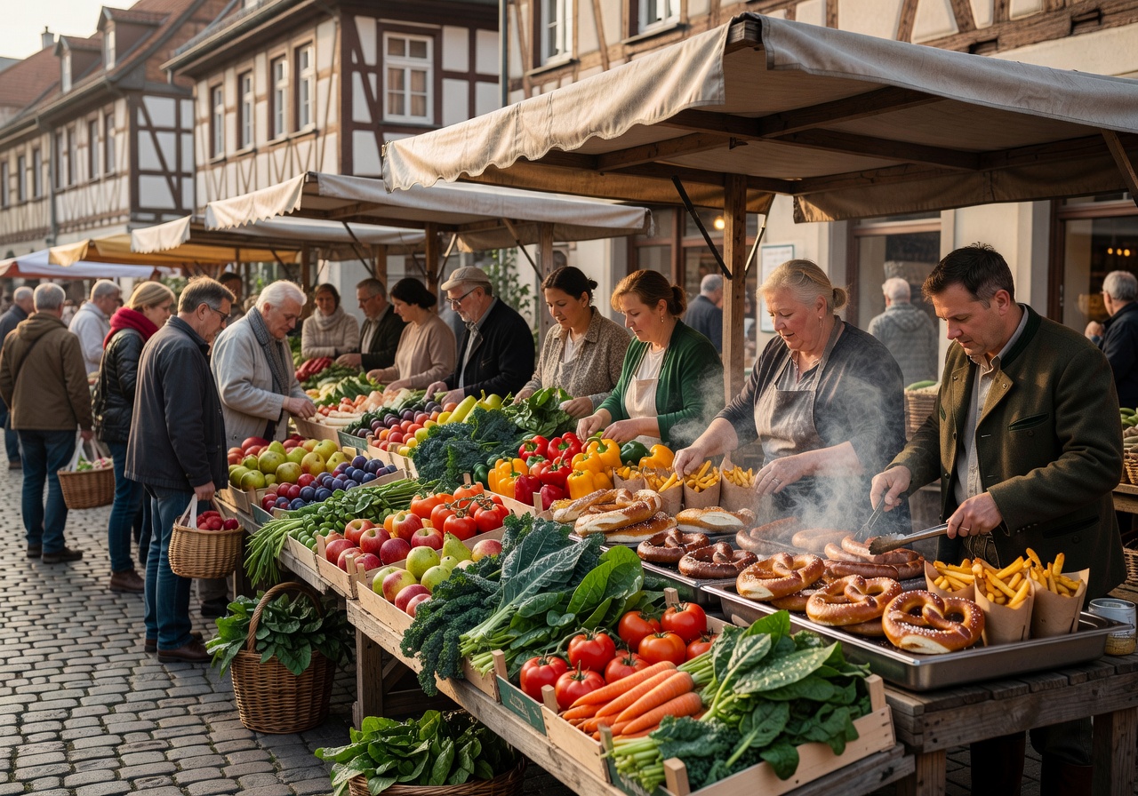 Local German outdoor food market with fresh produce and snacks