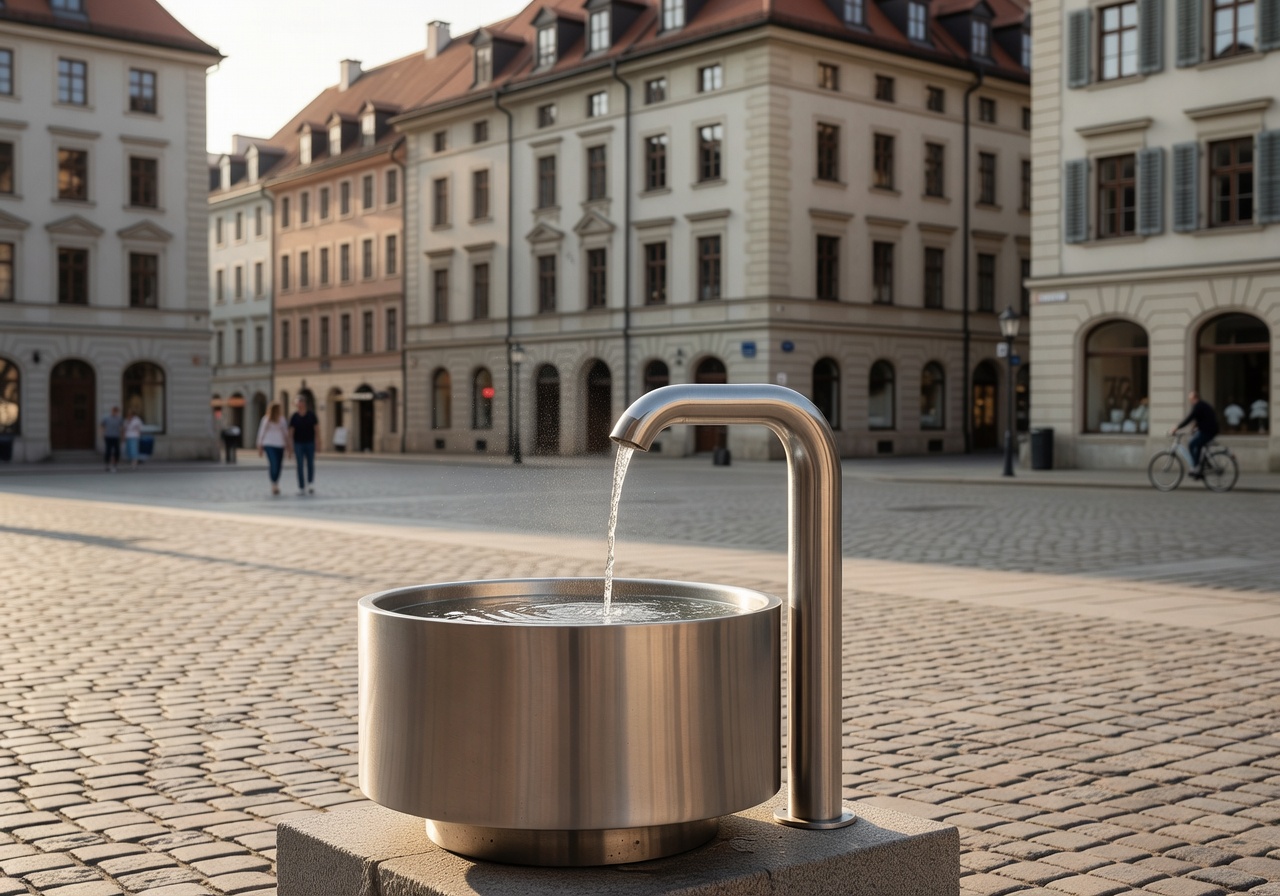 A clean public drinking water fountain in a European city