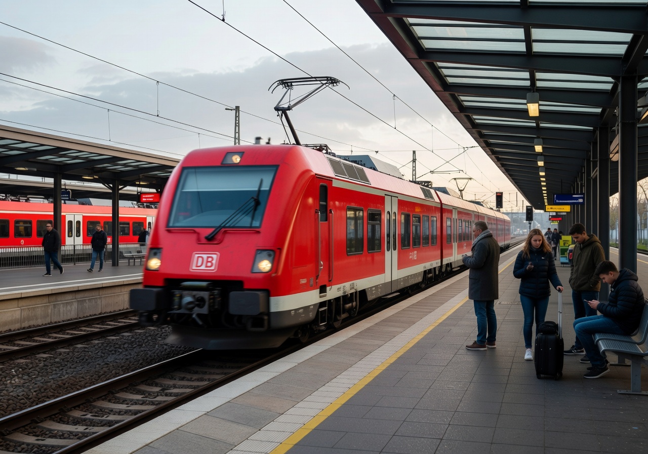A red DB regional train arriving at a German railway station
