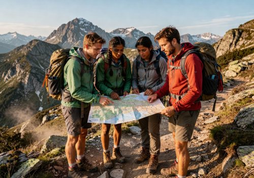 Friends hiking and looking at a map in the German mountains