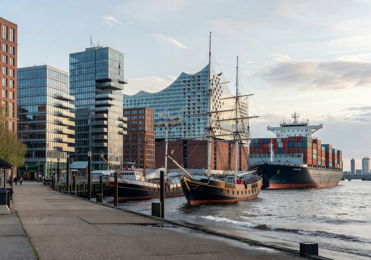 Ships and modern architecture at the Hamburg Harbor walk