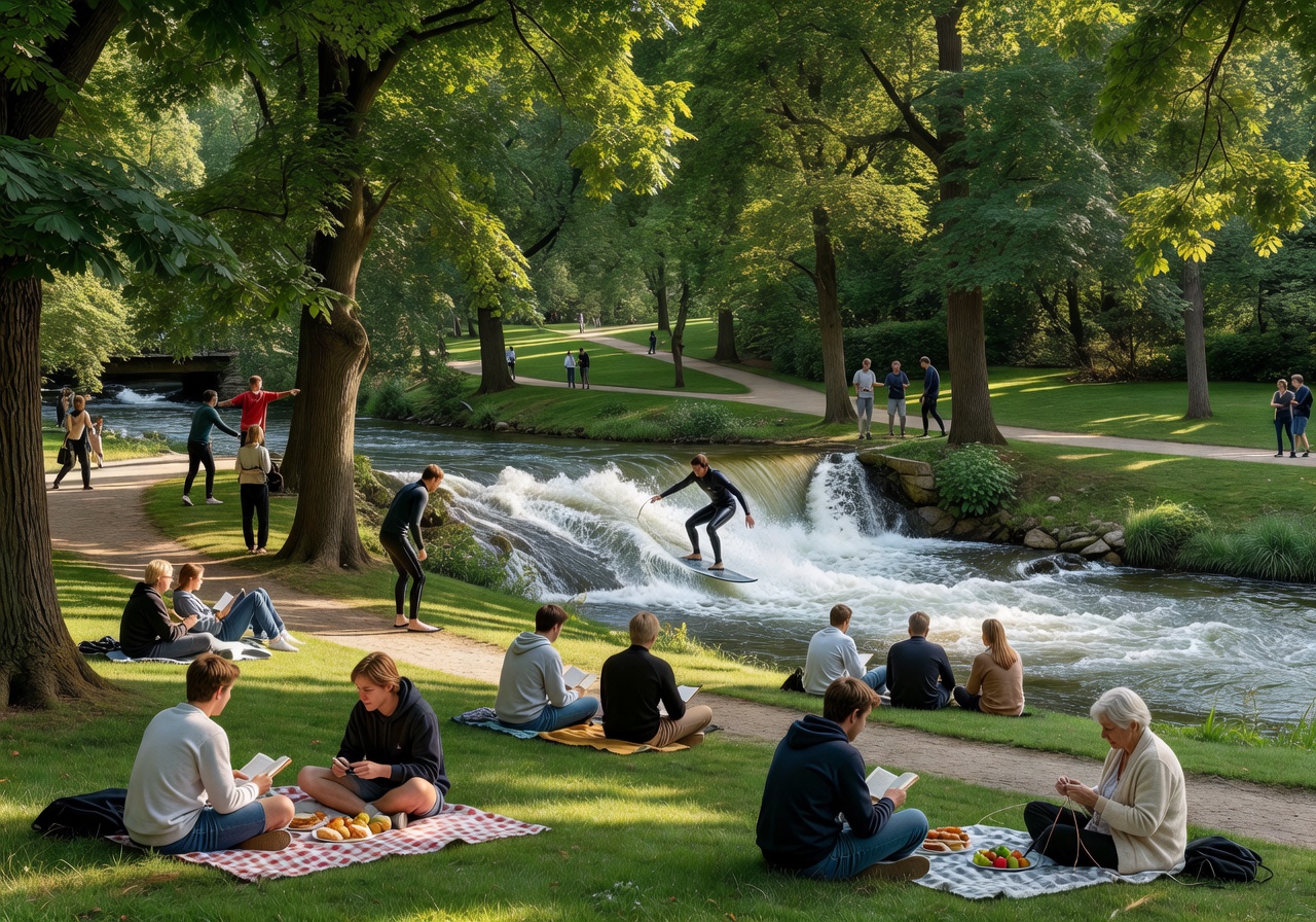 People relaxing and river surfing in Munich's English Garden